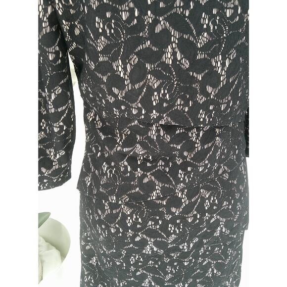 Tahari Womens Black Metallic Floral Stretch 3/4 Sleeve Lace Overlay Dress Sz 10 - Picture 6 of 10